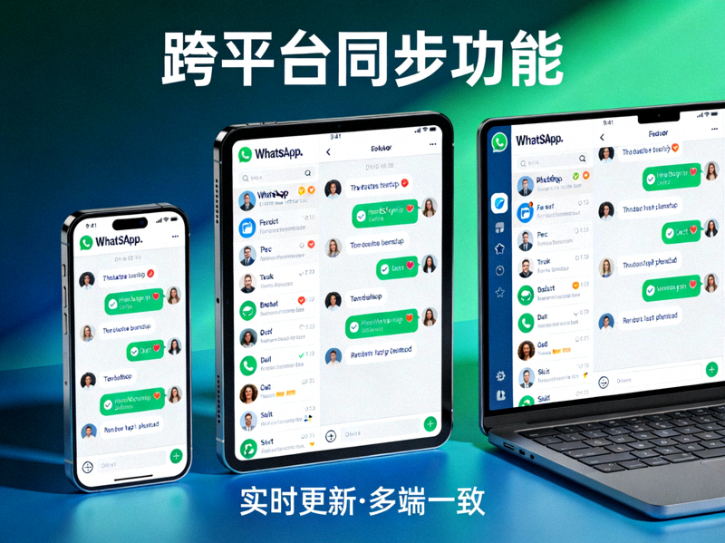 多设备同时显示WhatsApp应用界面，展示跨平台同步功能